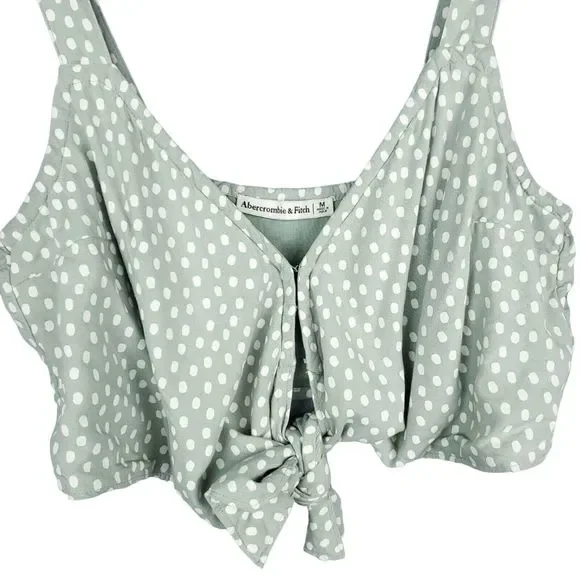 Abercrombie & Fit Mint Green White Polka Dot Tie-Front Crop Top Size Medium - Picture 2 of 7